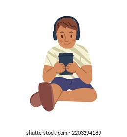 Smartphone addiction of small boy kid. Isolated character playing video games on phone wearing headset, bad habit of child. Vector in flat cartoon style