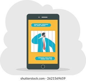 Smartphone addiction. Unhappy man in cage and messages on smartphone's screen. Hostage of social networking, messenger. Vector, illustration, flat