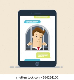 Smartphone addiction. Unhappy man in cage and messages on smartphone's screen. Hostage of social networking, messenger. Vector, illustration, flat