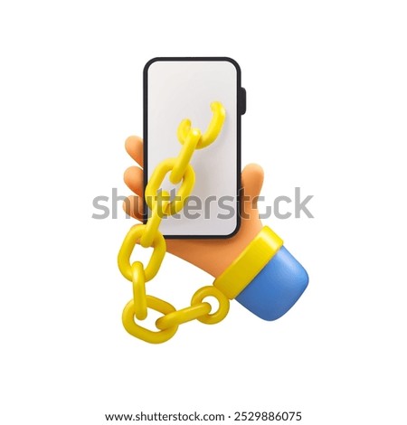 Smartphone addiction vector 3d icon isolated on white background. Doomscrolling bad habit concept. Phone in hand connected with chain