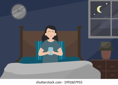 Smartphone addiction vector concept: Young woman using smartphone at night while sitting on the bed 