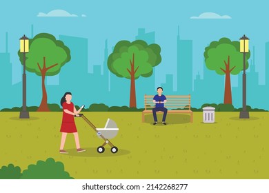 Smartphone addiction vector concept. Young woman using a cellphone at the park while pushing her baby on the stroller