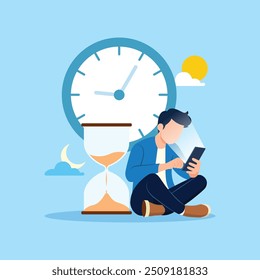 Smartphone addiction. Wasting time by scrolling smartphone, exhausted man sitting with clock and sandglass using smartphone concept vector illustration