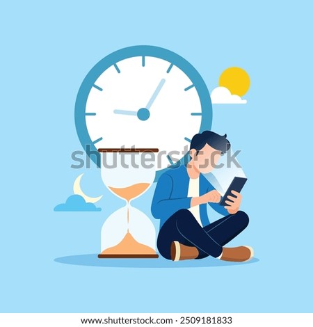 Smartphone addiction. Wasting time by scrolling smartphone, exhausted man sitting with clock and sandglass using smartphone concept vector illustration