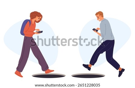 Smartphone addiction. Young woman and guy looks at phone and falls down open trapdoor. Addicted people falling into manhole. Walking with mobile devices. Unseen obstacle. Vector concept