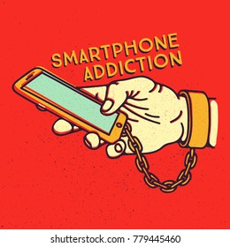 Smartphone addiction,hand chained with smartphone. Vector illustration isolated on grunge texture background.