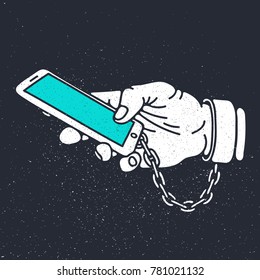 Smartphone addiction,hand chained with smartphone. Vector illustration isolated on grunge texture background.