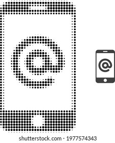Smartphone address halftone dot icon illustration. Halftone array contains round points. Vector illustration of smartphone address icon on a white background.