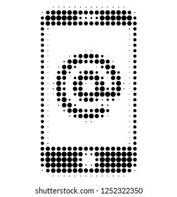 Smartphone address halftone dotted icon. Halftone array contains round pixels. Vector illustration of smartphone address icon on a white background.