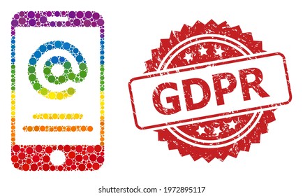 Smartphone address info collage icon of round elements in variable sizes and LGBT colored color tinges, and Gdpr rubber rosette stamp. A dotted LGBT-colored Smartphone address info for lesbians, gays,