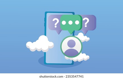 Smartphone con un icono de administrador muestra una pregunta y una respuesta. El concepto de moderación de páginas de medios sociales.sobre fondo azul.Ilustración de diseño de vectores.