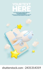 A smartphone advertisement design featuring a 3D airplane and clouds, inviting users to book their flights with a simple tap