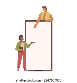 Smartphone advertisement, people pointing on screen. Small people showing display of phone blank screen. Students use mobile phone, man and woman display monitor, vector flat cartoon illustration