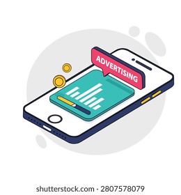 Smartphone advertising illustration featuring mobile promotion screen with marketing concept for digital campaigns, online business, social media advertising, and modern technology communication designs