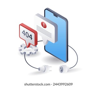 Smartphone affected by error code 404, flat isometric 3d illustration