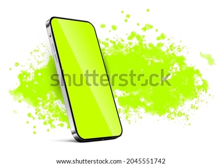 Smartphone against a background of splashes of green paint - a template for the presentation of a mobile application or other advertising
