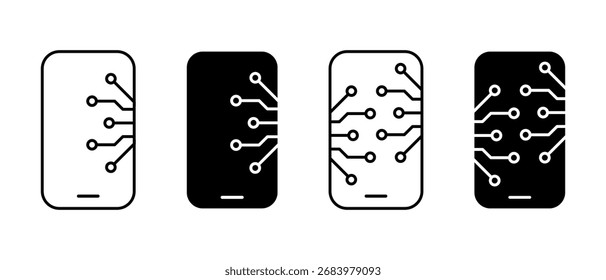 Smartphone com conjunto de ícones AI. Símbolos de tecnologia de inteligência artificial para aplicativos móveis. Ilustração de vetor