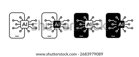Smartphone with AI Icon Set. Artificial Intelligence technology symbols for mobile apps. Vector Illustration