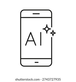 Smartphone With Ai Line Icon. Artificial Intelligence Integration And Mobile Technology Enhancement Outline Symbol. Innovative Digital Solutions. Editable Stroke. Isolated Vector Illustration.