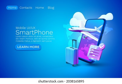 Smartphone airplane app banner concept, place for text, airport online application, luggage mobile service. Vector illustration