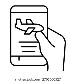 Smartphone con avión en la mano icono de línea delgada, concepto de Encuesta de viajero. Gráficos de Vector. Teléfono de la pantalla táctil con la muestra del boleto de aire en el fondo blanco, icono del estilo del contorno para el móvil o el Diseño web