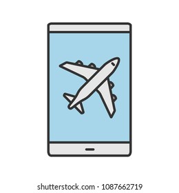 Smartphone airplane mode color icon. Mobile phone screen with plane. Isolated vector illustration