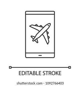 Smartphone airplane mode linear icon. Thin line illustration. Mobile phone screen with plane. Contour symbol. Vector isolated outline drawing. Editable stroke