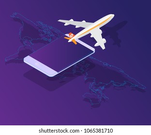 smartphone with airplane on world map vector isometric background