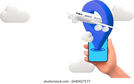 smartphone with airplane is taking off and cloud. Can for making advertising media about tourism and travel concept, holiday vacation, worldwide trip journey, 