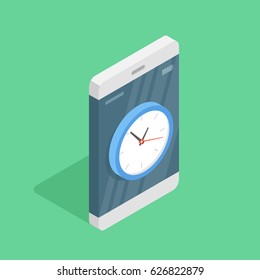 Smartphone with alarm clock on screen. Isometric vector illustration