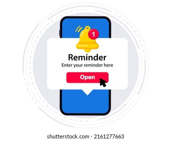 Smartphone with alarm clock reminder message on screen. New notice on the phone. Alert notification with notification bell. Important reminder. Important event push message. Timer notification