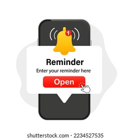 A smartphone with an alarm clock reminder message on the screen. New message on the phone. Email notification with a bell. Important reminder. Vector illustration