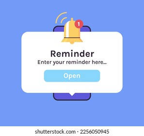 Smartphone with alarm clock reminder message on screen and new notice on smartphone screen view, alert notification bell concept flat vector illustration.