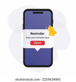 Smartphone with alarm clock reminder message on screen. New notice on the phone. Alert notification with notification bell. Important reminder. Important event push message. Vector illustration