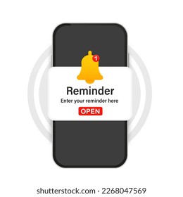 Smartphone with alarm clock reminder message on screen. New notice on the phone. Alert notification with notification bell.Alarm clock reminder message on screen and new notice. Vector illustration