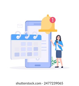 Smartphone with alarm clock reminder message on screen. New notice on the phone. Alert notification with notification bell. Important reminder. 
