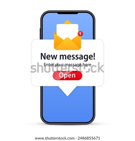 Smartphone with alarm clock reminder message on screen. New notice on the phone. New email pop up. Incoming, open messaging. Reminder concept. Vector illustration