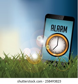 Smartphone alarm in a field at sunrise with copy space EPS 10 vector royalty free stock illustration for greeting card, ad, promotion, poster, flier, blog, article, social media, marketing, web page