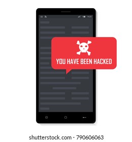Smartphone with alert and skull on the screen. Concept of virus, piracy, hacking and security. Flat vector illustration. Isolated vector illustration EPS10