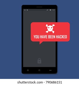 Smartphone with alert and skull on the screen. Concept of virus, piracy, hacking and security. Flat vector illustration. Isolated vector illustration EPS10