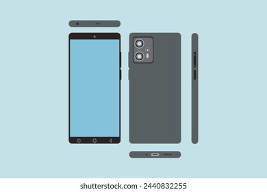 Smartphone all side view representation. Vector icons front, back, side, top and bottom.