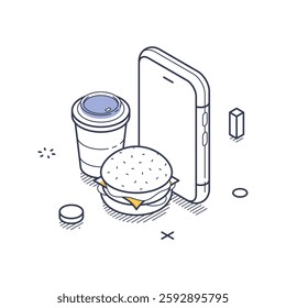 Smartphone alongside a drink and a sandwich, representing modern food delivery. The design captures the convenience of ordering meals online. Modern isometric line art vector illustration