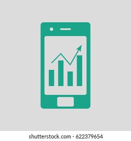 Smartphone with analytics diagram icon. Gray background with green. Vector illustration.
