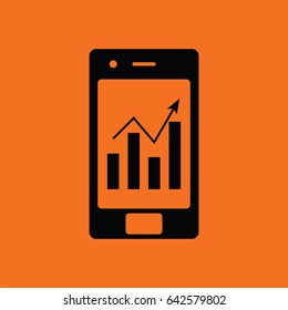 Smartphone with analytics diagram icon. Orange background with black. Vector illustration.