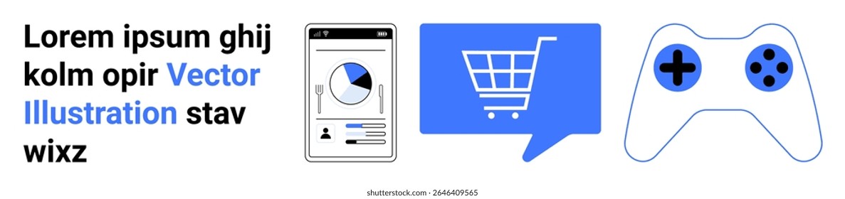 Smartphone com análise, carrinho de compras em bolha de bate-papo, controlador de jogos. Ideal para e-commerce, análises on-line, serviços digitais, jogos, aplicativos móveis, interfaces técnicas, compras. Página inicial