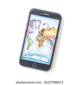 A smartphone, angled slightly, displays a stylized world map with vibrant colors and distinct country borders, creating an artistic representation.