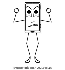 The smartphone is angry, bewildered, irritability. A smartphone with hands, feet and emotion on display. Humanization, stylization of gadget. Vector icon, outline, cartoon, isolated. Editable stroke