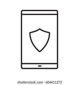 Smartphone antivirus app linear icon. Thin line illustration. Smart phone with protection shield contour symbol. Vector isolated outline drawing
