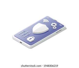 Smartphone antivirus concept.  Protection and safety. Isometric colored vector illustration. 