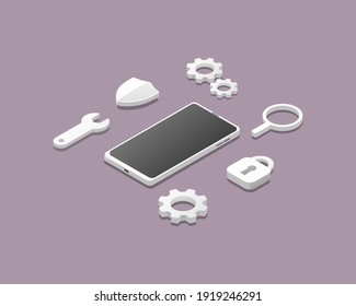 Smartphone antivirus concept.  Protection security system. Isometric colored vector illustration. 